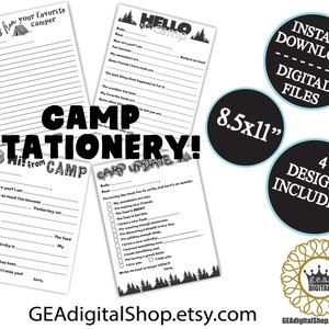 Papelaria digital para acampamento IMPRIMÍVEL Acampamento noturno em tons de cinza Notícias para dormir fora Preencha os espaços em branco Notas Cartas Cartões postais Download instantâneo de arquivo
