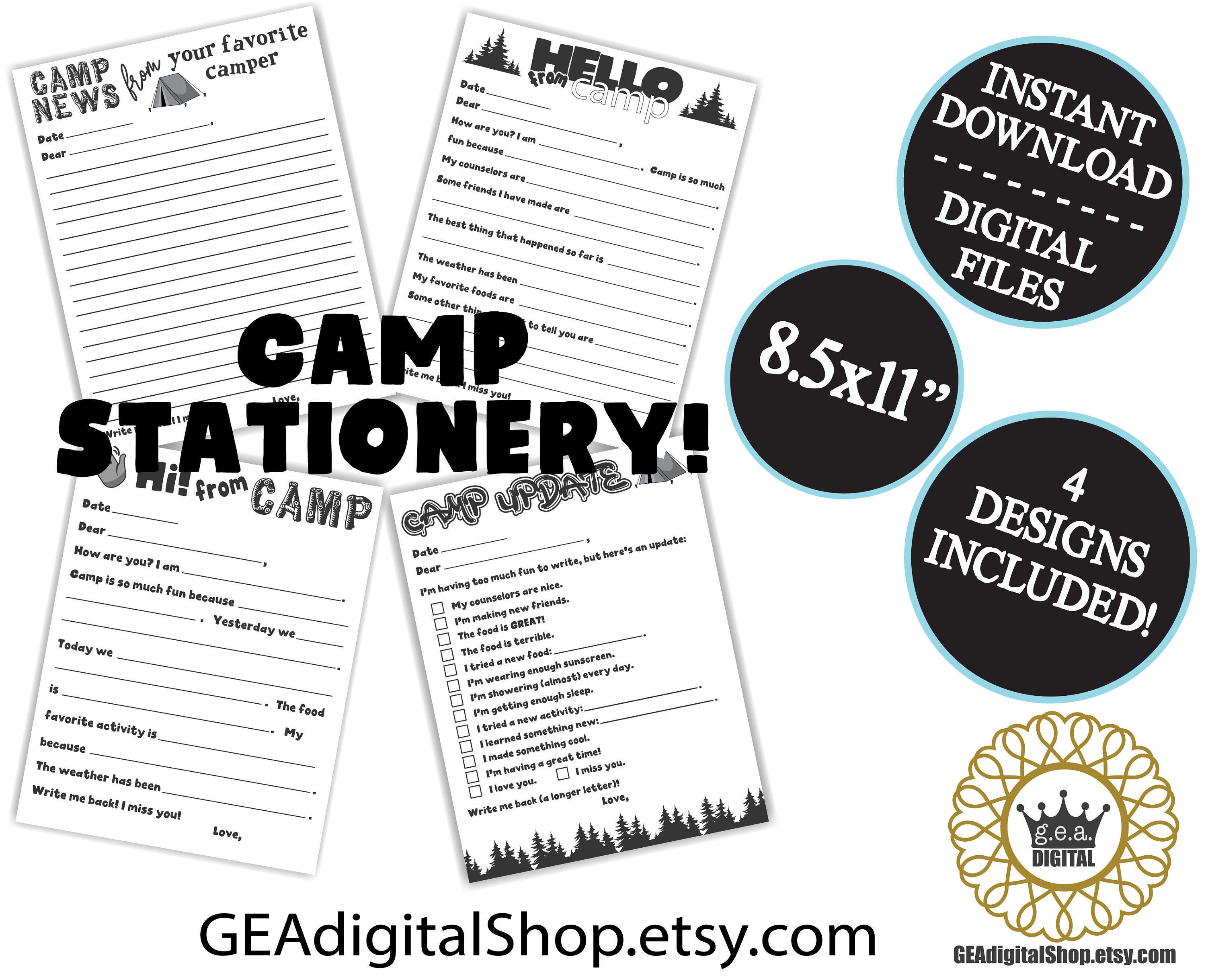 DIGITAL Camp Stationery PRINTABLE Overnight Camp Grayscale News Sleep ...
