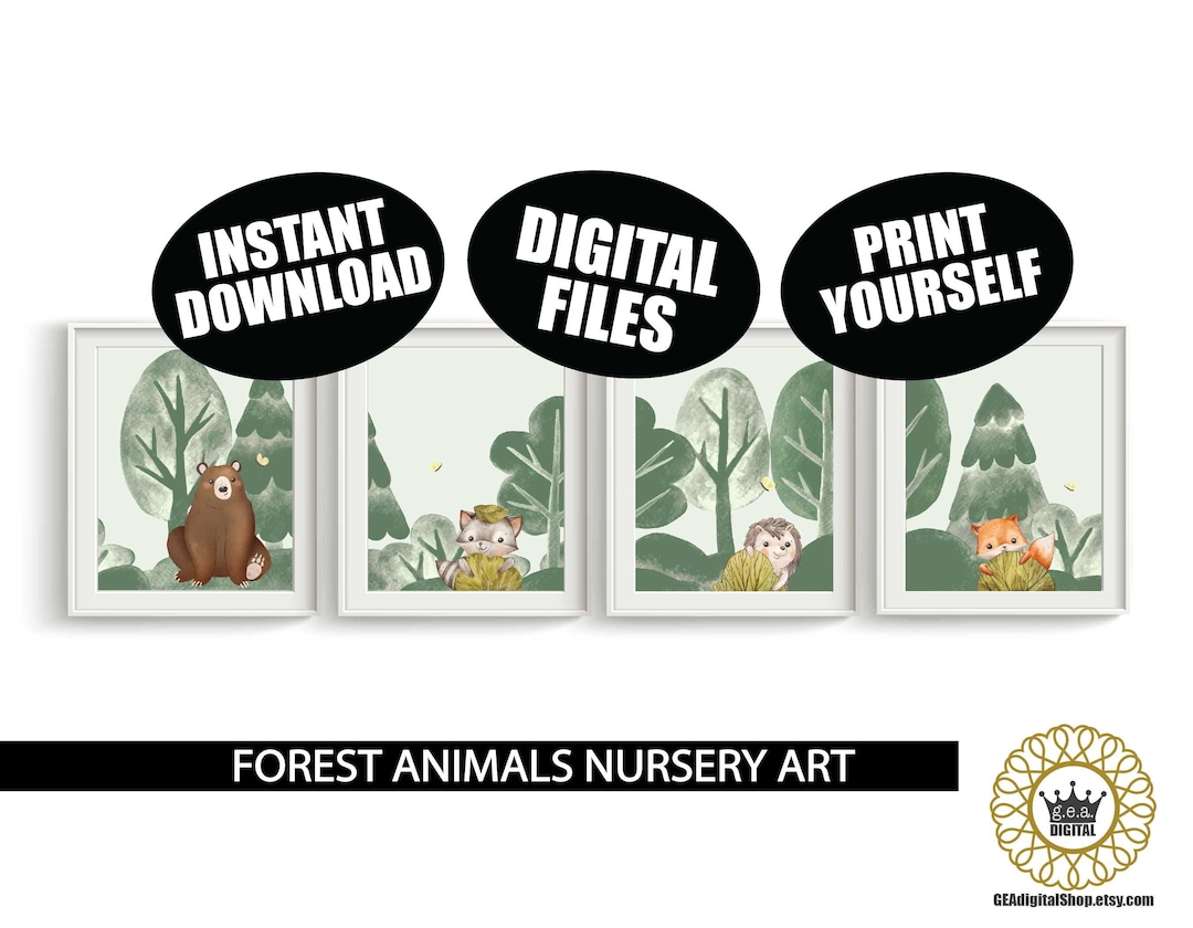 Woodland Animal Nursery Decor DIGITAL FILES, Forest Animal Prints Qty 4 ...
