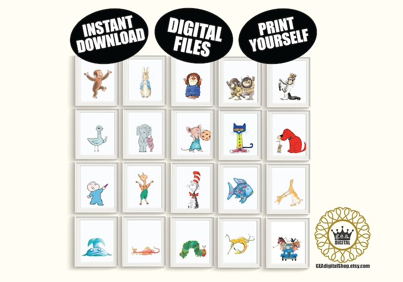 May include: A set of 16 printable children's book character illustrations. The illustrations are in white frames and feature characters from popular children's books such as The Very Hungry Caterpillar, Where the Wild Things Are, and Click, Clack, Moo: Cows That Type.