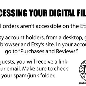 K&ouml;nnte beinhalten: Textbasierte Anweisungen zum Zugriff auf digitale Dateien, die auf Etsy gekauft wurden. Die Anweisungen erkl&auml;ren, wie Sie f&uuml;r Etsy-Kontoinhaber und G&auml;ste auf Dateien zugreifen k&ouml;nnen. Der Text enth&auml;lt den Satz "Accessing Your Digital Files--".