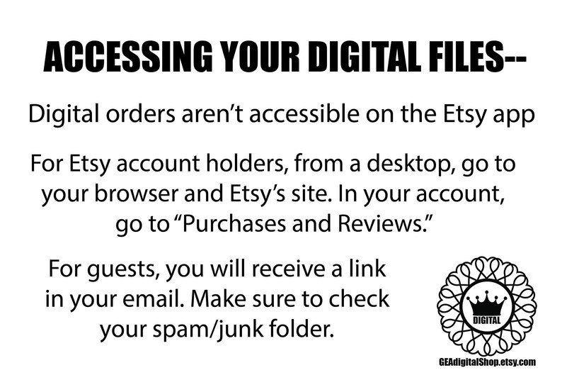 K&ouml;nnte beinhalten: Textbasierte Anweisungen zum Zugriff auf digitale Dateien, die auf Etsy gekauft wurden. Die Anweisungen erkl&auml;ren, wie Sie f&uuml;r Etsy-Kontoinhaber und G&auml;ste auf Dateien zugreifen k&ouml;nnen. Der Text enth&auml;lt den Satz "Accessing Your Digital Files--".