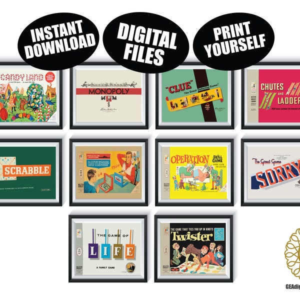 Vintage Board Game Box DIGITAL FILES Qty 10 Game Room Wall Art Decor Housewarming Present Retro Gift Playroom Instant Download Printable