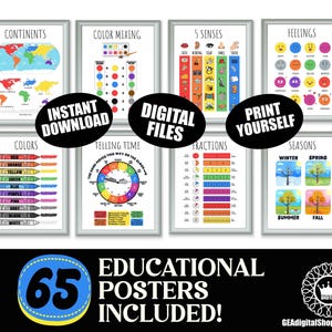 Set mit 65 Lernpostern für die Sommerschule für Kinder, Montessori, Schule, Wandkunst, Kleinkind-Spielzimmer, Dekoration, Schule, Klassenzimmer, Poster, Mathe, Kunst