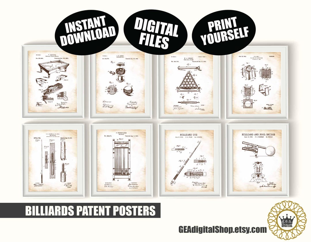 Pool Table Patent Posters DIGITAL FILES, Billiards Room Wall Art Prints ...