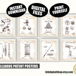 May include: A collection of eight framed vintage-style patent posters featuring billiard equipment. Each poster displays detailed technical drawings in sepia tones, with text that reads "Instant Download," "Digital Files," and "Print Yourself."