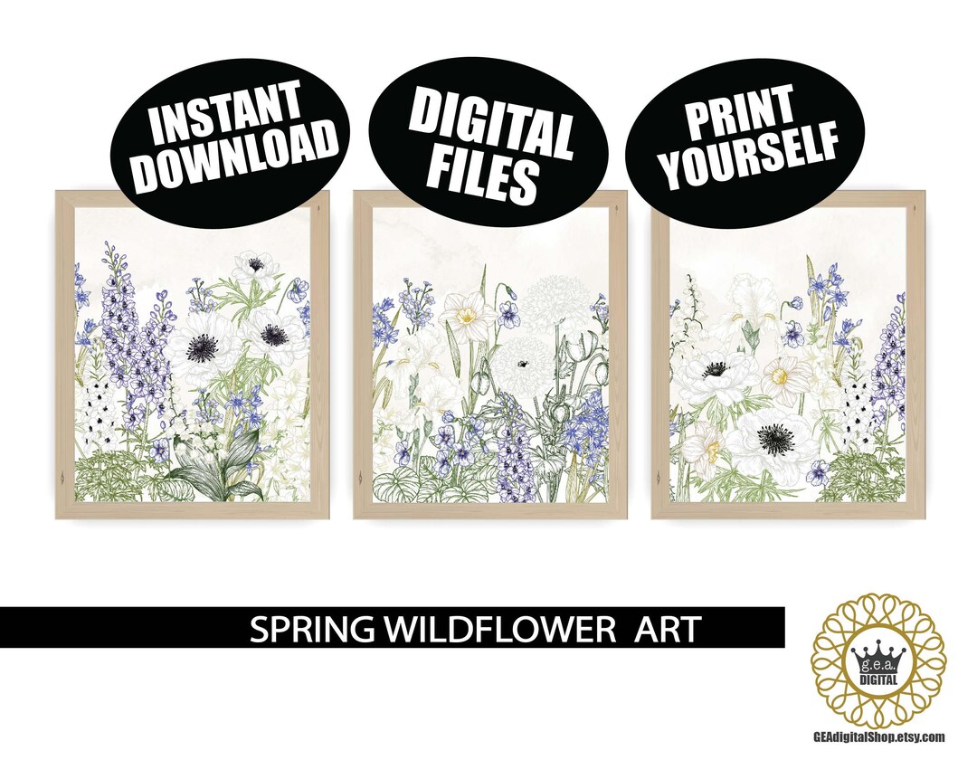 Spring Wildflowers Art DIGITAL FILES, Set of 3 Wildflowers Art, Floral ...