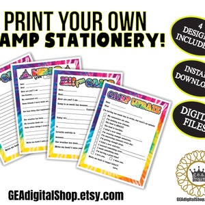 Papelaria para acampamento infantil, notas para preencher com tie-dye para impressão, papelaria para acampamento feminino, carta para acampamento noturno, arquivo digital para download instantâneo