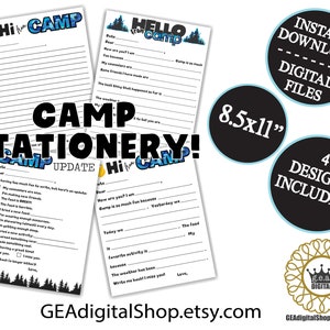 Papelaria para acampamento infantil camuflada azul IMPRIMÍVEL Preencha os espaços em branco Durma fora durante a noite Acampamento para meninos Nota Cartão postal Carta Arquivo digital Download instantâneo