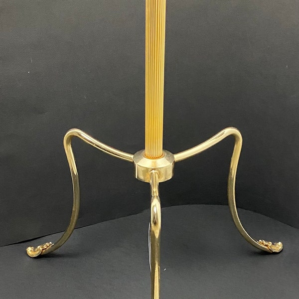 Brass and gilded metal tripod floor lamp, French vintage floor lamp, Chased brass gilded floor lamp base, Elegant gilded floor lamp
