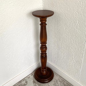 MID- CENTURY Large turned wood plant stand, Solid wood saddle, French pedestal table, Turned wood column