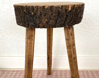 French tripod stool in solid wood, Brutalist style, Solid wood saddle, Vintage MID -Century, XX century,