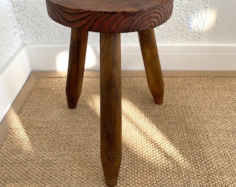 French tripod stool in solid wood, Brutalist style, Solid wood saddle, Vintage MID -Century, XX century,