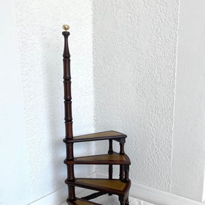 MID CENTURY FRANCE Small solid wood and leather library staircase/step ladder with 4 steps, Decorative bookcase,