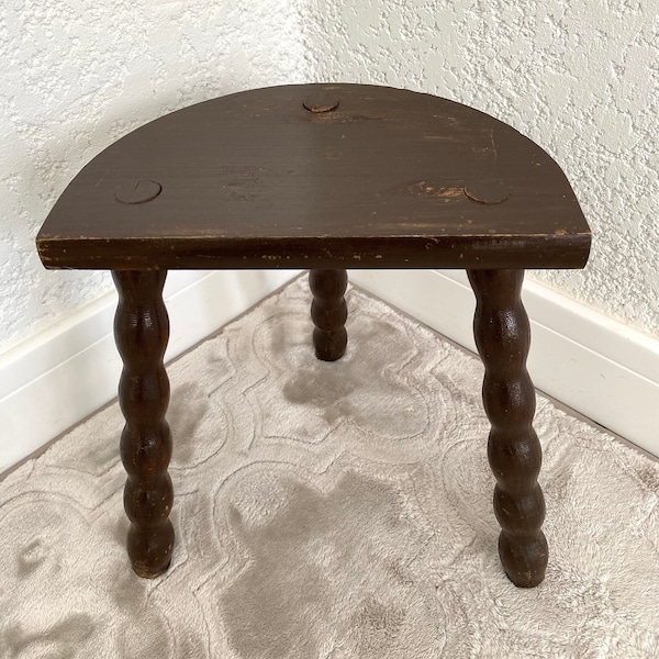 French tripod stool in solid turned wood, Turned wood saddle, Vintage MID - CENTURY, XX century,