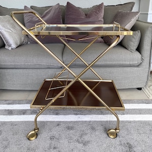MIDDEN EEUW Trolley op wielen in formica en messing, Franse vintage servicewagen, Franse vintage bartafel op wielen 1970
