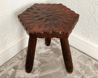 French tripod stool in solid wood, Brutalist style, Solid wood saddle, Vintage MID -Century, XX century,