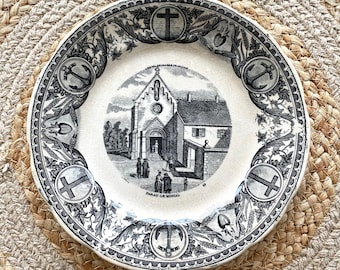 RARE 4 Teller Digoin Sarreguemines Französische Wallfahrten, Vintage Teller XIXth, Sammlerteller, Vintage Teller Französisch