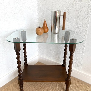 RARE!!!Solid wood and glass side table with turned wood legs, vintage turned wood table chestnut color