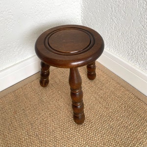 Solid wood tripod French TABOURET with twisted legs, turned wood saddle, Vintage MID -Century, XX century,