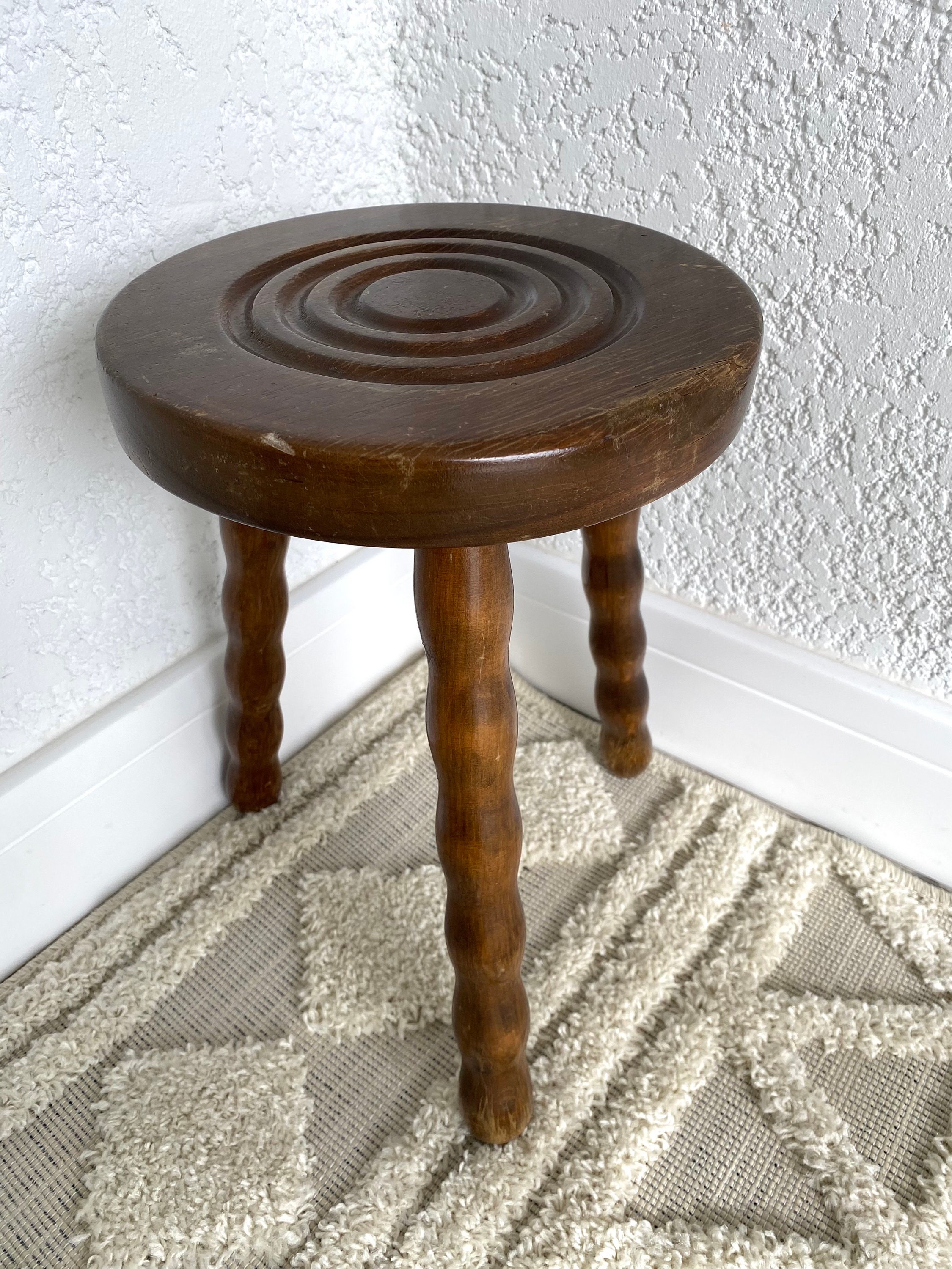 Turned solid wood French TRIPOD STOOL, Turned wood saddle, Vintage MID -Century, Vintage French