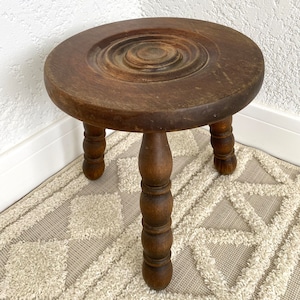 Turned solid wood French TRIPOD STOOL, Turned wood saddle, Vintage MID -Century, Vintage French