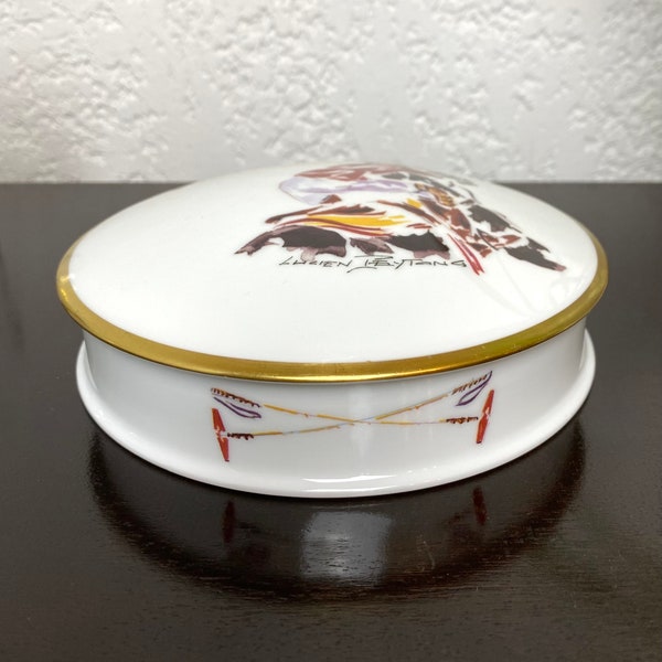 Boîte à bijoux en porcelaine, Aquarelle de Lucien Peytong, Bonbonnière en porcelaine de Chantilly, Porcelaine de Limoges, Art équin