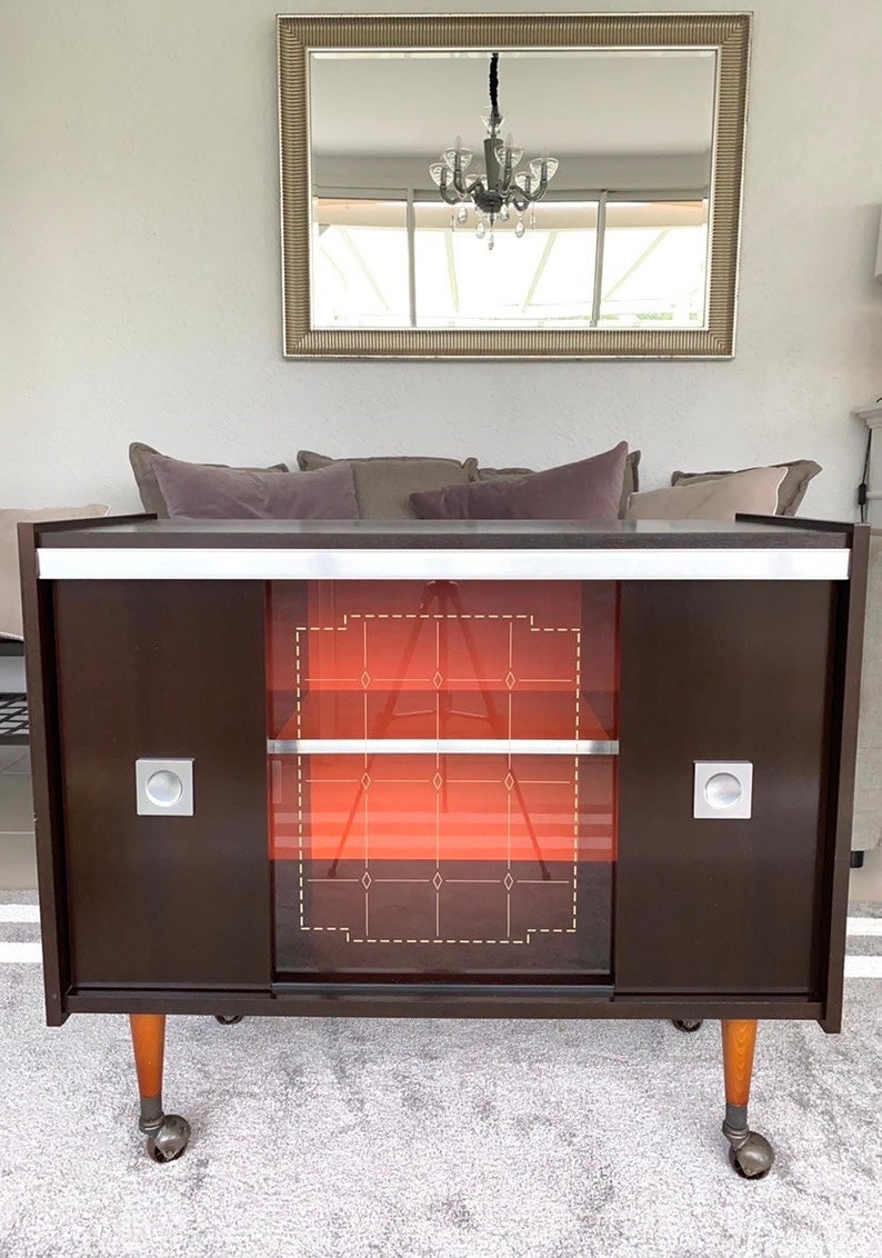 1970's Vintage French TV Stand Castors, Wood Silkscreened Glass Sideboard Castors, 70's Vintage