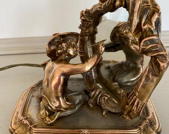 Decorative art nouveau bronze bedside lamp, Antique table lamp, French Boudoir vintage accent lamp