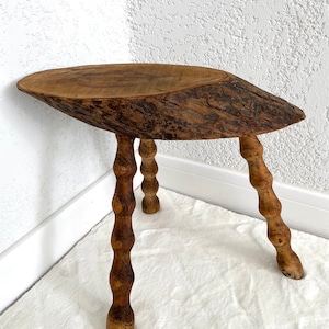 French BRUTALIST style solid wood STOOL, Solid wood saddle, Vintage Mid-Century, XX century,