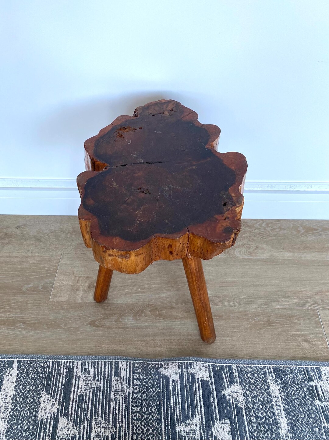 French Brutalist Solid Wood Stool, Brutal Wood Side Table, Vintage MID ...