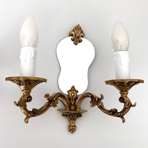 Pair of antique bronze wall sconces with bevelled mirror, Antique French 2 candle baroque style light fixture