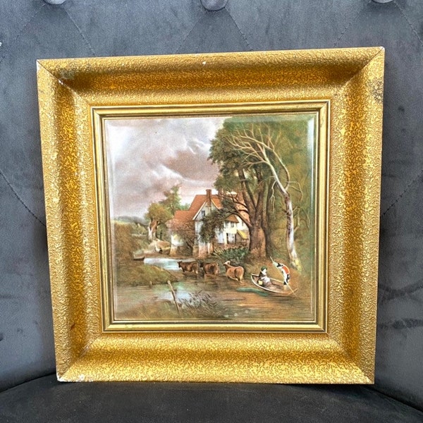VILLEROY BOCH tableau carreau avec encadrement doré, tableau vintage français, paysage de campagne