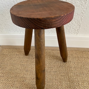 French tripod stool in solid wood, Brutalist style, Solid wood saddle, Vintage MID -Century, XX century,