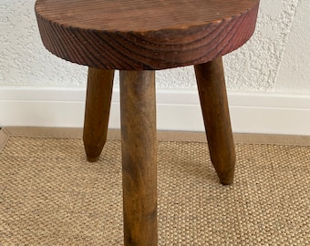 French tripod stool in solid wood, Brutalist style, Solid wood saddle, Vintage MID -Century, XX century,