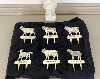 Set van 6 vintage kaasprikkers – Franse dieren en kazen – Gouda, Brie, Emmentaler, geitenkaas, Camembert, Roquefort