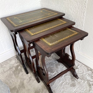 French solid wood GIGOGNES TABLES with green/gold leather top, Empire style occasional tables, French vintage coffee tables