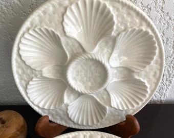 LONGCHAMP White oyster plate, French vintage shellfish plate, French white barbotine plate
