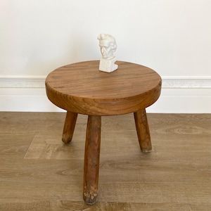 Solid wood oval tripod French TABOURET, Turned wood saddle, Vintage MID -Century, Vintage Français