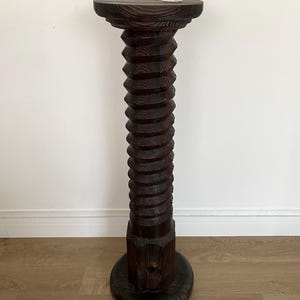 Large vintage hand-carved dark wood pedestal – decorative twisted column for plants or statues