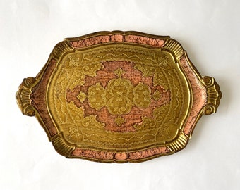 Vintage FLORENTIN tray in gilded wood, Holywood Regency serving tray, Baroque style gilded and pink tray