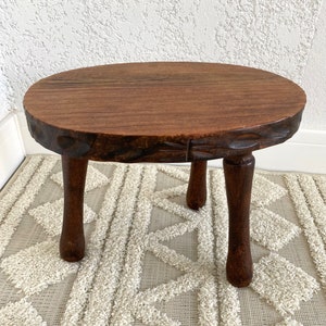 Turned solid wood oval tripod French TABOURET, Turned wood saddle, Vintage MID -Century, Vintage French