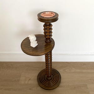 MID- CENTURY Large turned solid oak plant stand, Solid wood saddle, French pedestal table, Solid wood column