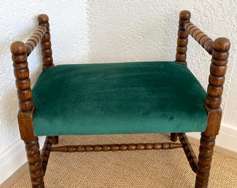 Solid wood turned French bench with upholstered seat and armrests, Vintage MID -Century, Vintage French