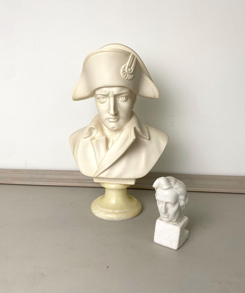Op de afbeelding: Twee antieke bustes van historische figuren. De grotere buste is van een man met een steek en een jas. De kleinere buste is van een man met kort haar. Beide zijn gebroken wit en staan op een lichtgrijze ondergrond.