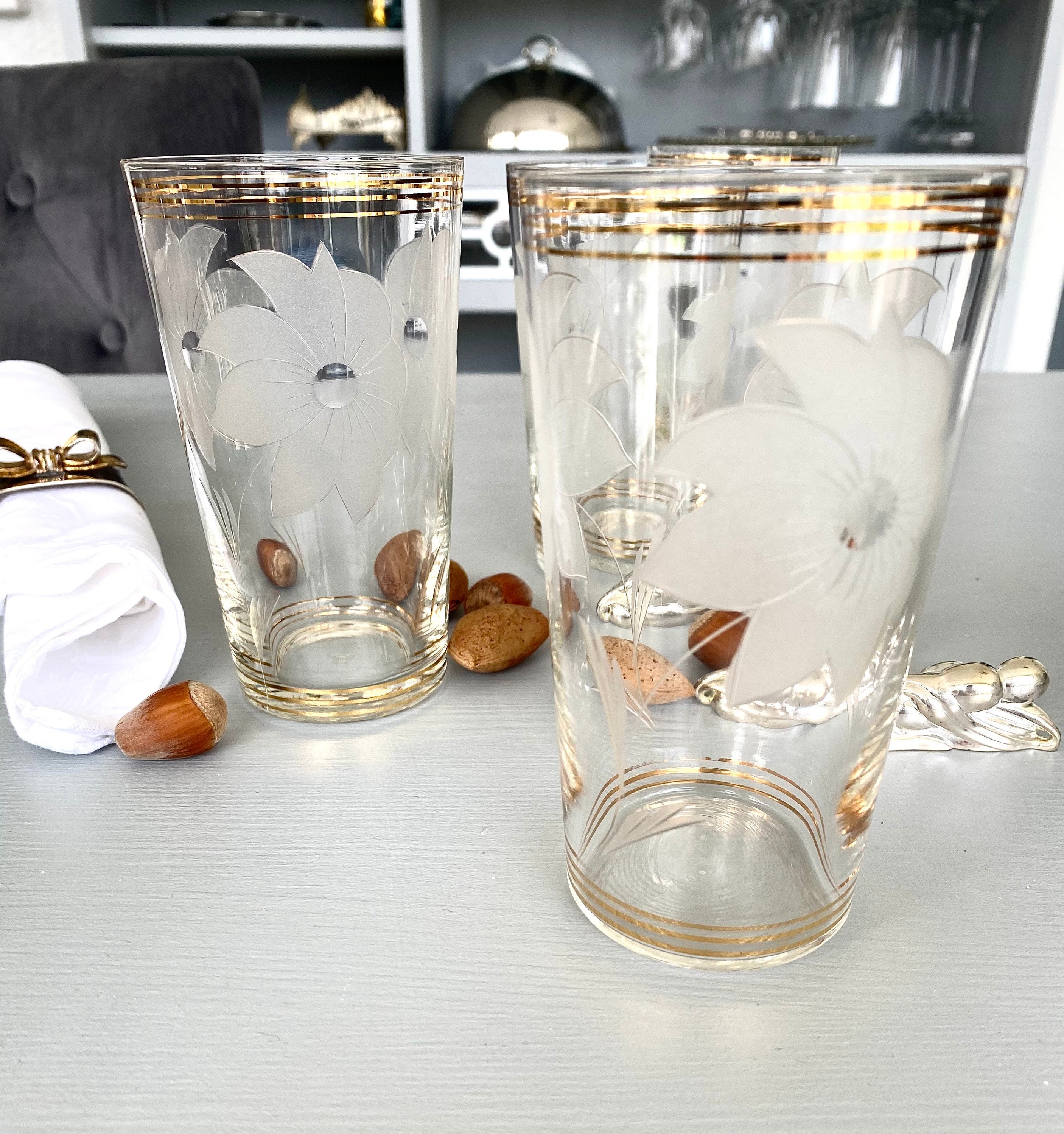 4 Verres à Eau Vintage, Sérigraphie Fleurs, Verre Liseré Dorée, Vintage Français, Artisanale, Style 