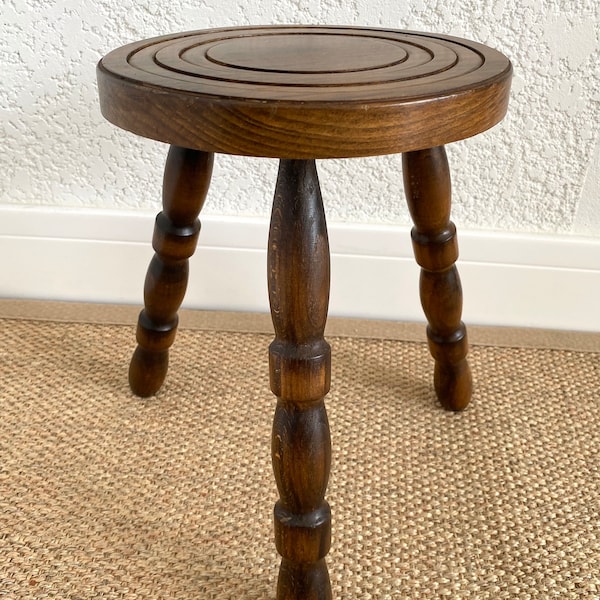 French tripod table in solid turned oak, turned wood saddle, Vintage MID -Century, Frnch vintage