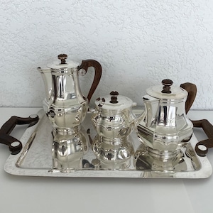 Coffee and tea service CHRISTOFLE in silver plated metal Art Deco style, Silverware CHRISTOFLE , French luxury silverware,