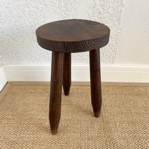 French tripod stool in solid wood, Brutalist style, Solid wood saddle, Vintage MID -Century, XX century,