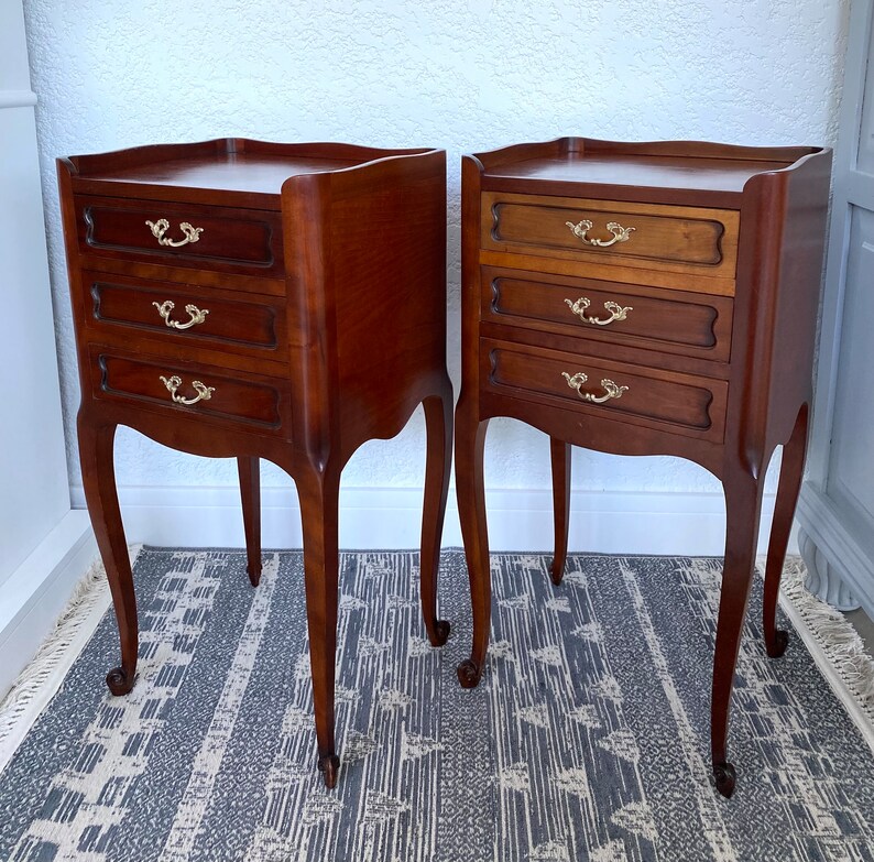 French Neoclassical Style Night Tables in Solid Wood and Brass With